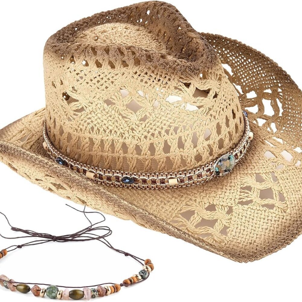 Unisex Straw Cowboy Hat Woven Sun Hat Western Cowgirl Two Decorative Bands